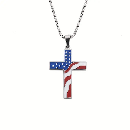 American Flag Design Fashion Bracelet Leather Woven Bead Bracelet, Patriotic American Flag Cross Pendant Christian Necklace 2pc set