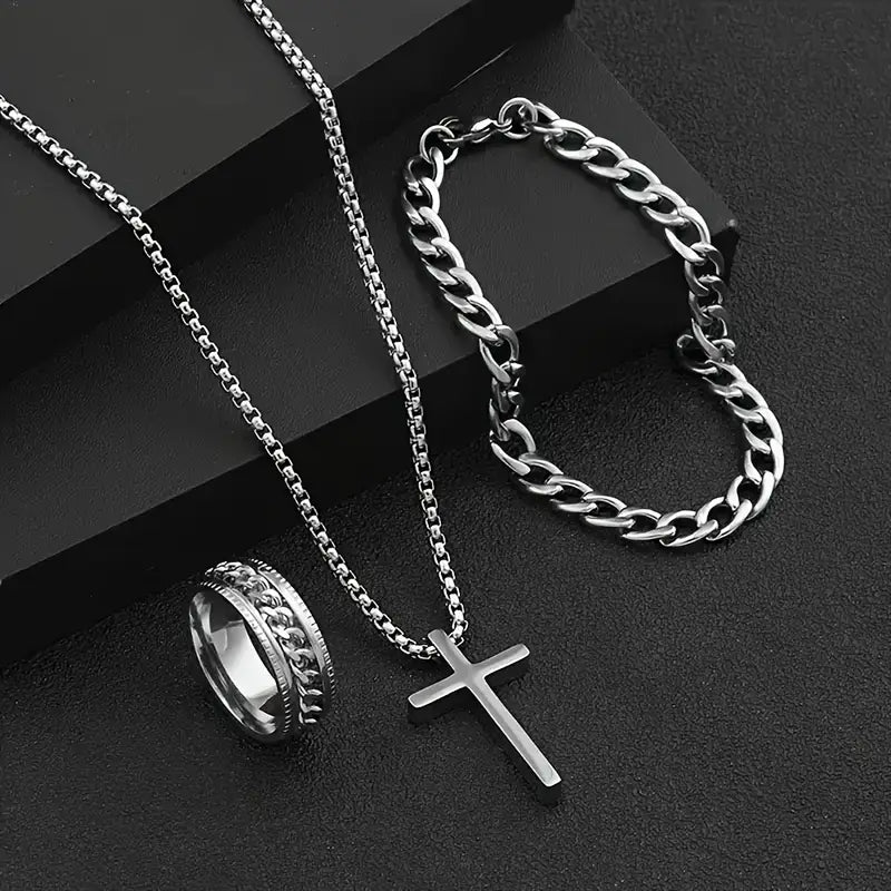3 Men's Stainless Steel Cross Jesus Cuban Chain Rotating Chain Ring Set