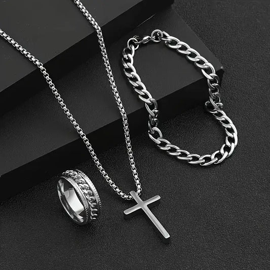 3 Men's Stainless Steel Cross Jesus Cuban Chain Rotating Chain Ring Set