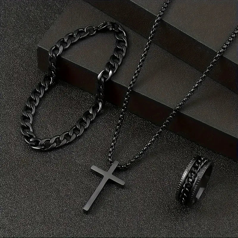 3 Men's Stainless Steel Cross Jesus Cuban Chain Rotating Chain Ring Set