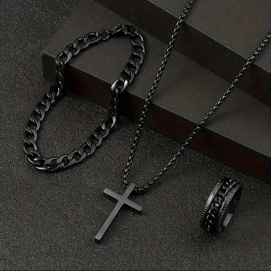 3 Men's Stainless Steel Cross Jesus Cuban Chain Rotating Chain Ring Set