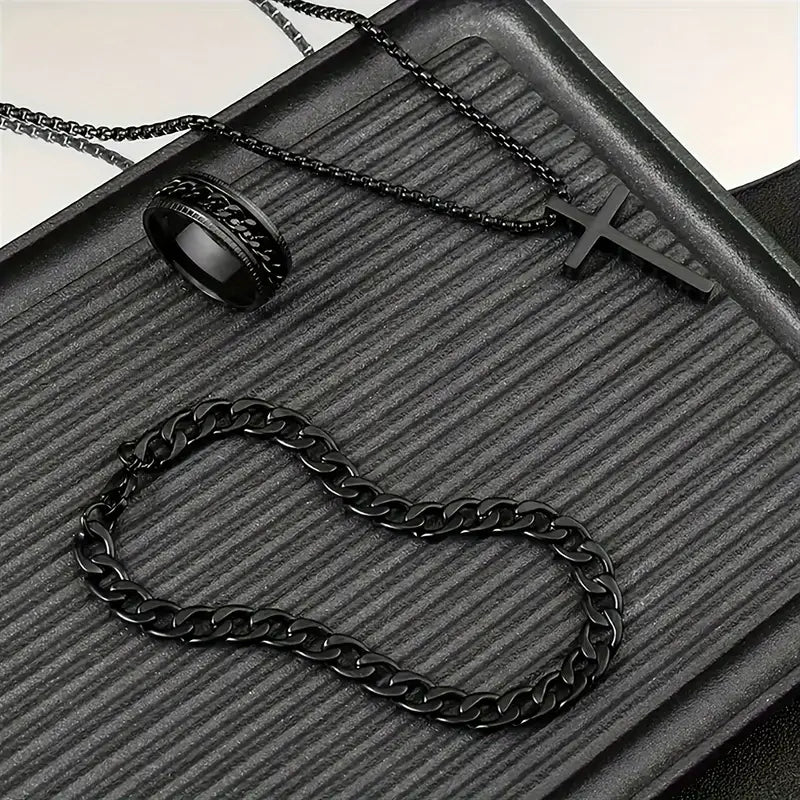 3 Men's Stainless Steel Cross Jesus Cuban Chain Rotating Chain Ring Set