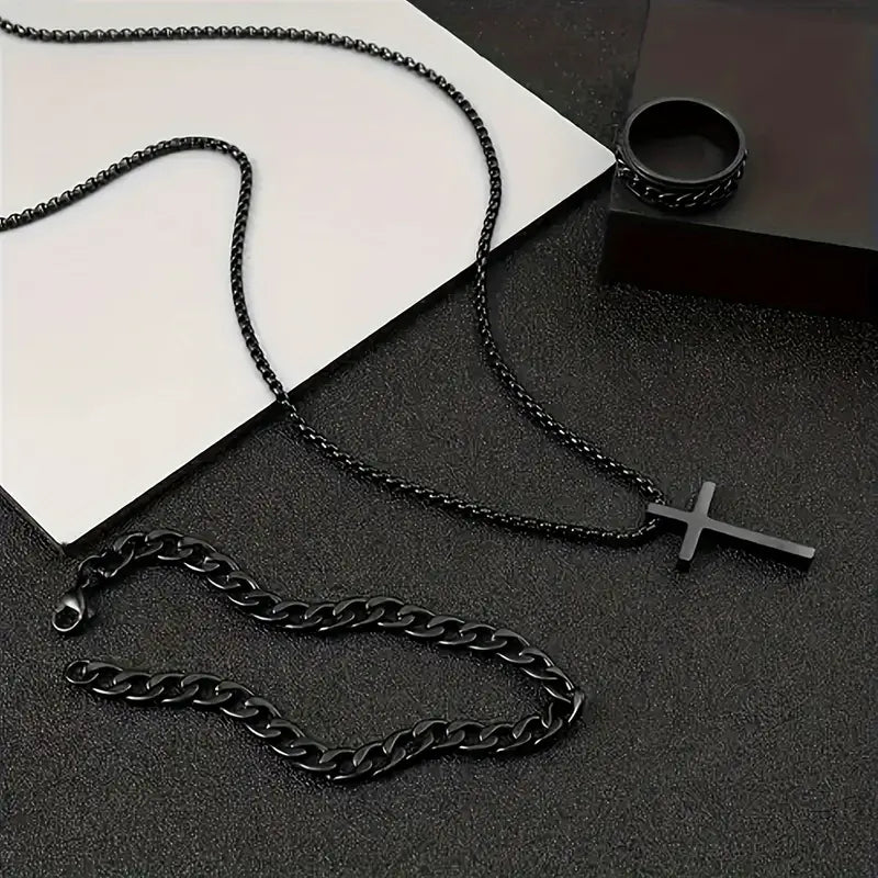3 Men's Stainless Steel Cross Jesus Cuban Chain Rotating Chain Ring Set