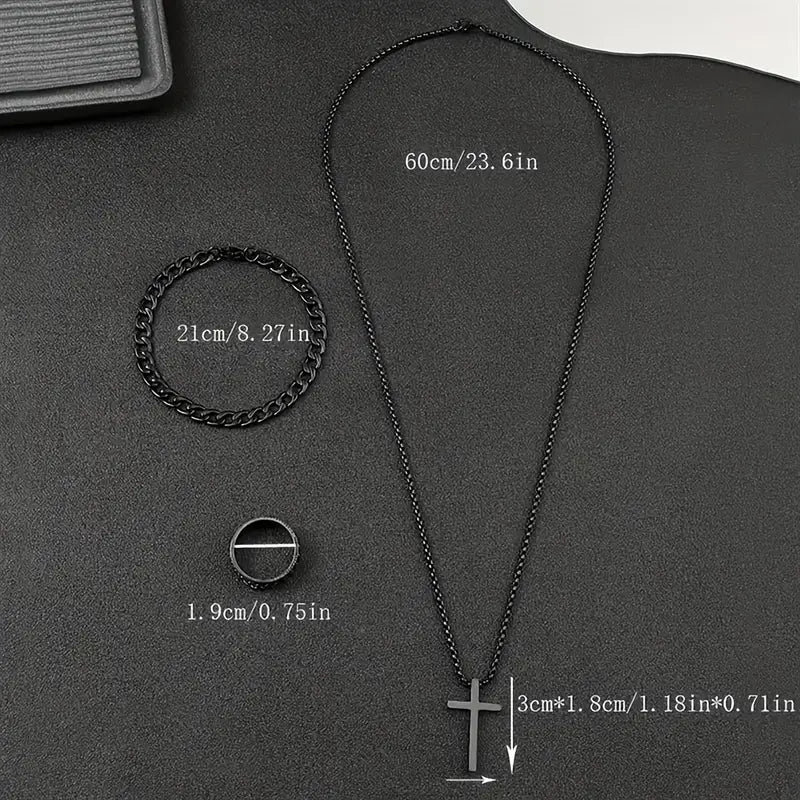 3 Men's Stainless Steel Cross Jesus Cuban Chain Rotating Chain Ring Set
