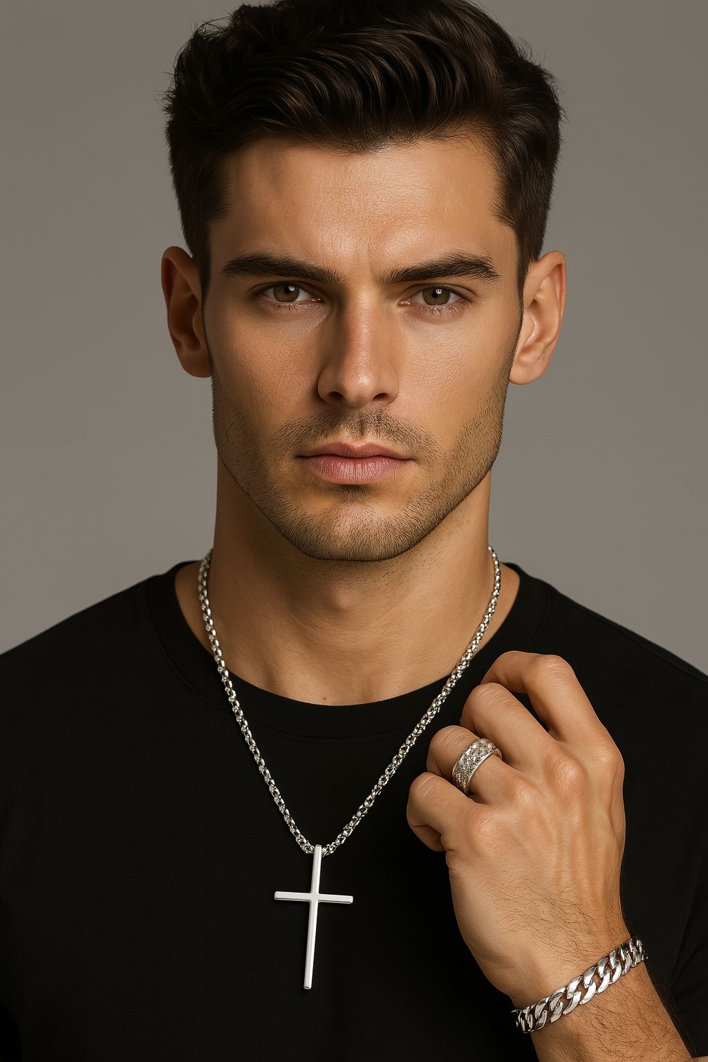 3 Men's Stainless Steel Cross Jesus Cuban Chain Rotating Chain Ring Set
