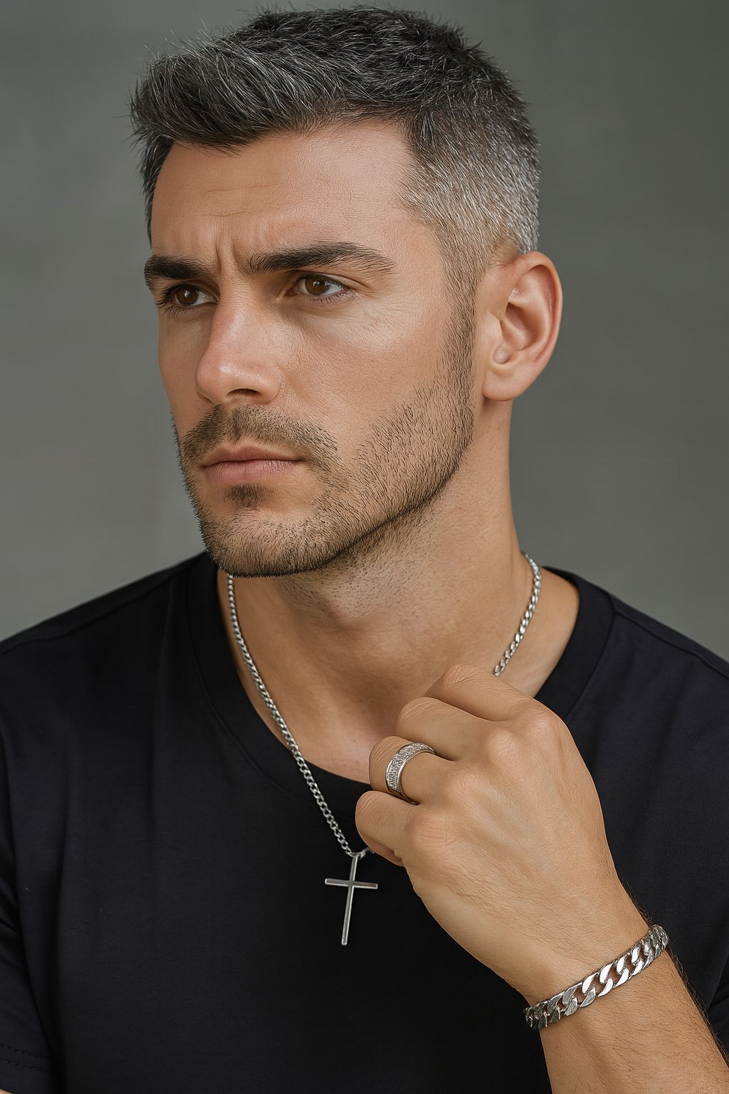 3 Men's Stainless Steel Cross Jesus Cuban Chain Rotating Chain Ring Set
