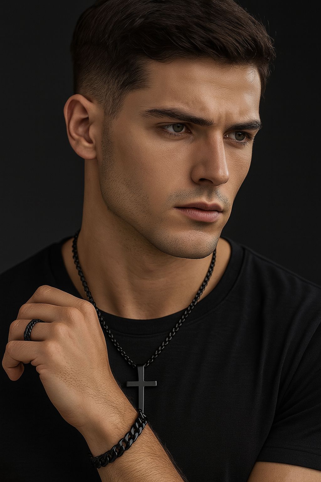 3 Men's Stainless Steel Cross Jesus Cuban Chain Rotating Chain Ring Set