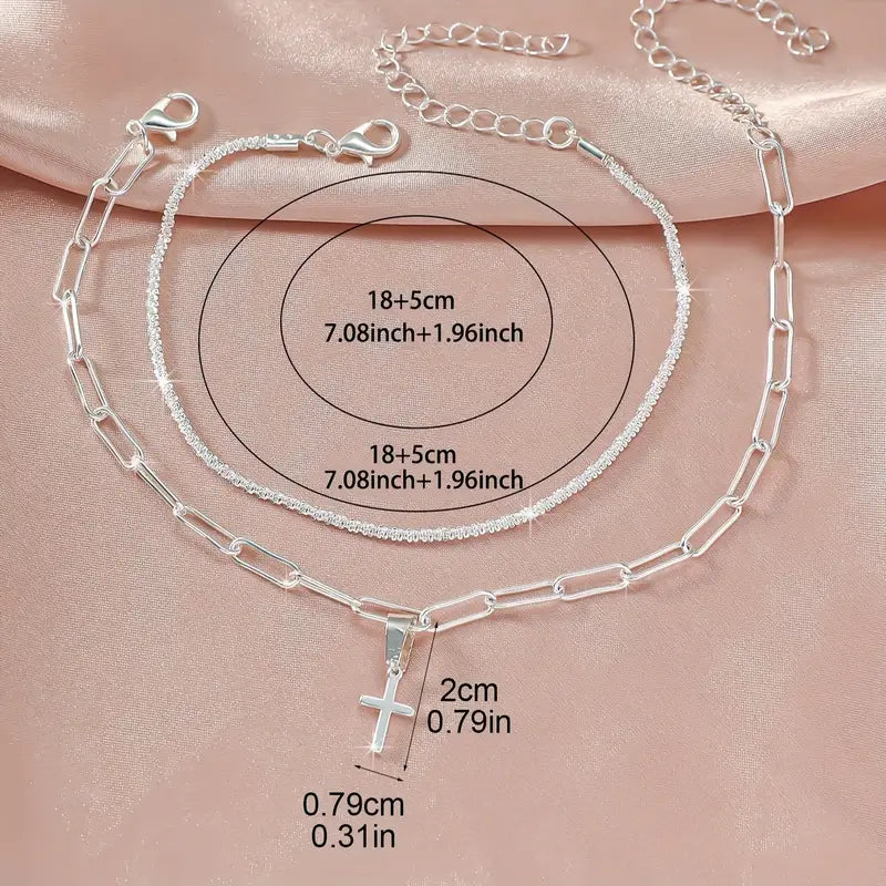 4pcs Set Necklace, ring, Bracelets, Minimalist Korean-Japanese Style Sparkling Christian jewelry set Cross Chain Bracelet and Necklace Set for Women, Perfect for Vacation, Party, Date Night, or Casual Attire