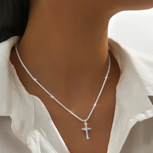 4pcs Set Necklace, ring, Bracelets, Minimalist Korean-Japanese Style Sparkling Christian jewelry set Cross Chain Bracelet and Necklace Set for Women, Perfect for Vacation, Party, Date Night, or Casual Attire