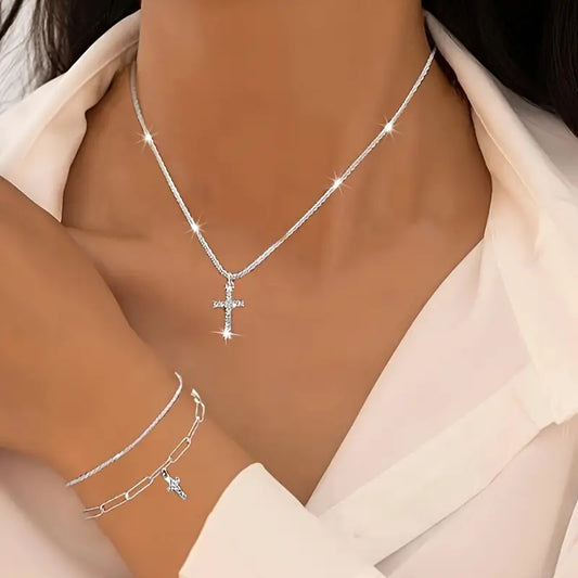 4pcs Set Necklace, ring, Bracelets, Minimalist Korean-Japanese Style Sparkling Christian jewelry set Cross Chain Bracelet and Necklace Set for Women, Perfect for Vacation, Party, Date Night, or Casual Attire