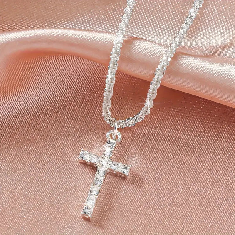 4pcs Set Necklace, ring, Bracelets, Minimalist Korean-Japanese Style Sparkling Christian jewelry set Cross Chain Bracelet and Necklace Set for Women, Perfect for Vacation, Party, Date Night, or Casual Attire