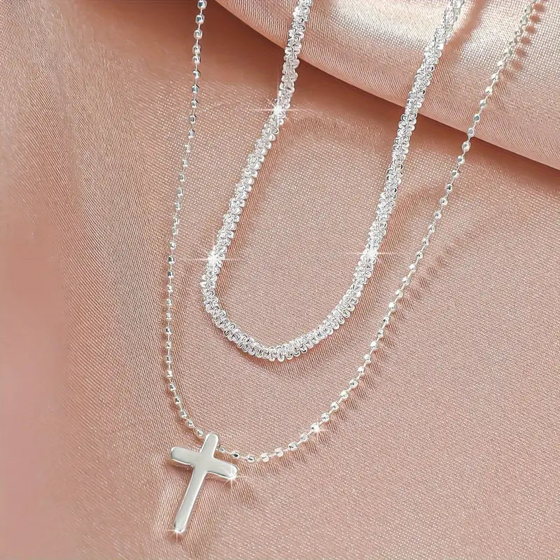 4pcs Set Necklace, ring, Bracelets, Minimalist Korean-Japanese Style Sparkling Christian jewelry set Cross Chain Bracelet and Necklace Set for Women, Perfect for Vacation, Party, Date Night, or Casual Attire