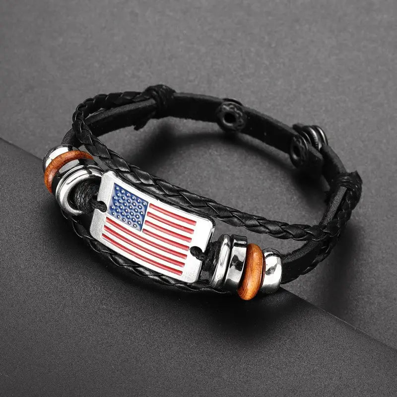 American Flag Design Fashion Bracelet Leather Woven Bead Bracelet, Patriotic American Flag Cross Pendant Christian Necklace 2pc set