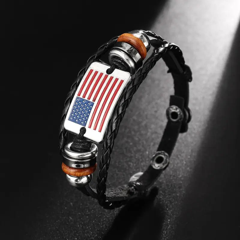 American Flag Design Fashion Bracelet Leather Woven Bead Bracelet, Patriotic American Flag Cross Pendant Christian Necklace 2pc set
