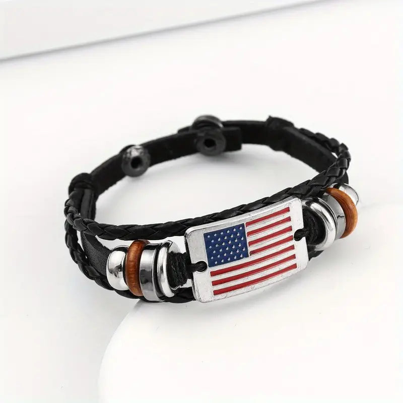American Flag Design Fashion Bracelet Leather Woven Bead Bracelet, Patriotic American Flag Cross Pendant Christian Necklace 2pc set