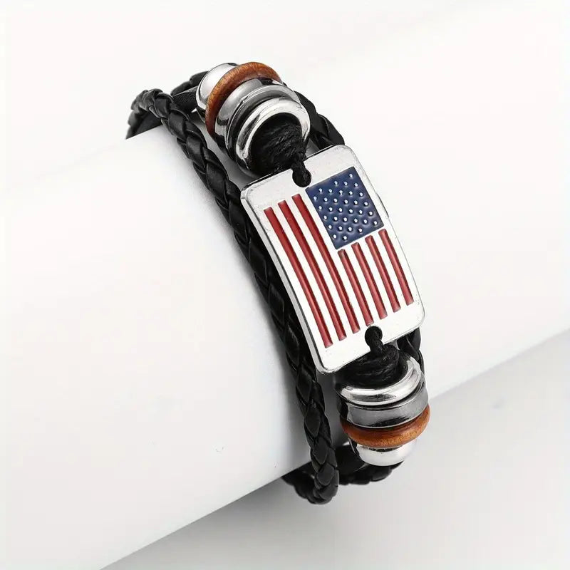 American Flag Design Fashion Bracelet Leather Woven Bead Bracelet, Patriotic American Flag Cross Pendant Christian Necklace 2pc set