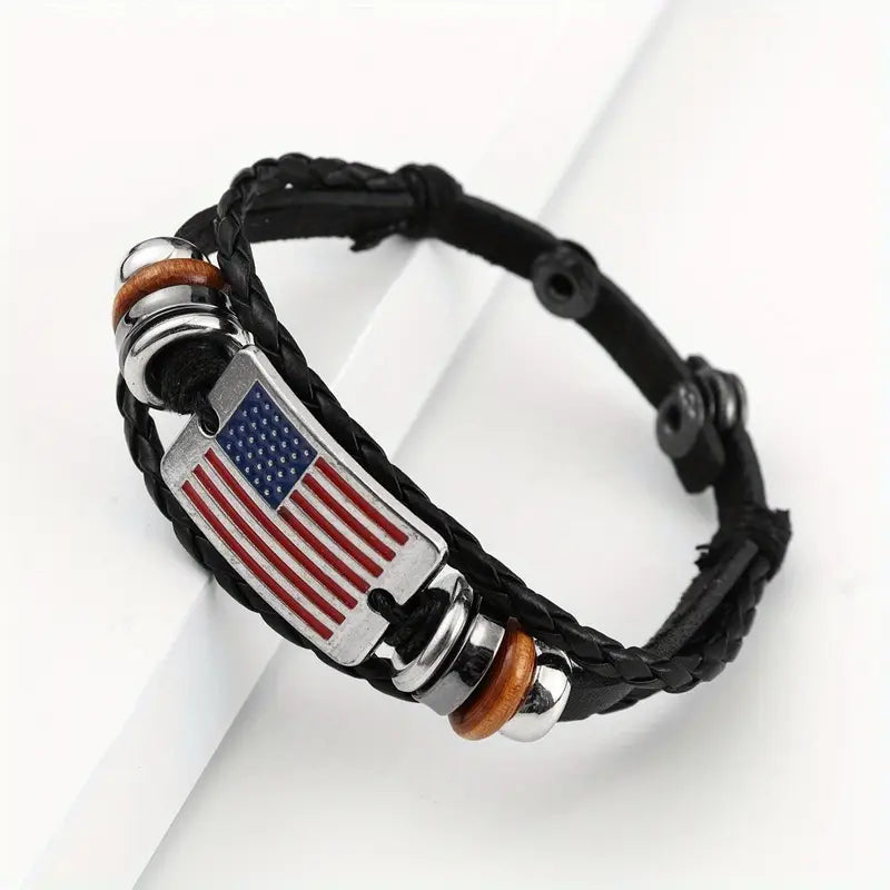 American Flag Design Fashion Bracelet Leather Woven Bead Bracelet, Patriotic American Flag Cross Pendant Christian Necklace 2pc set