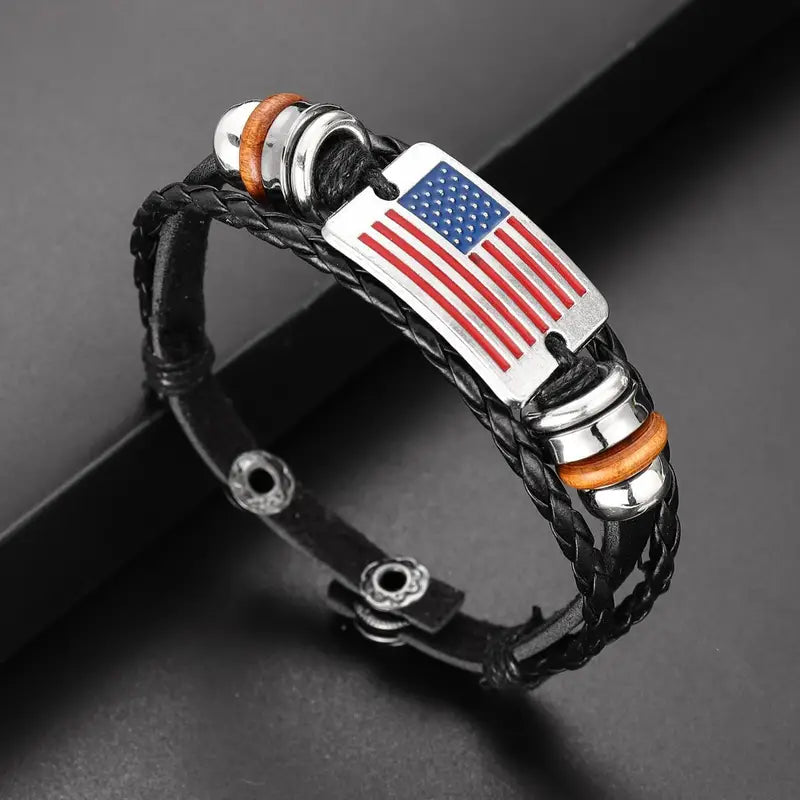 American Flag Design Fashion Bracelet Leather Woven Bead Bracelet, Patriotic American Flag Cross Pendant Christian Necklace 2pc set