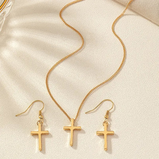 Golden Glossy Cross Design Christian jewelry set Dangle Earrings & Pendant Necklace Set Elegant Simple Style Zinc Alloy Jewelry Faithful Accessories