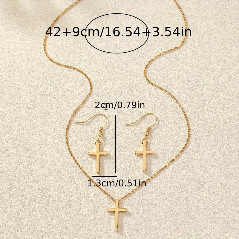 Golden Glossy Cross Design Christian jewelry set Dangle Earrings & Pendant Necklace Set Elegant Simple Style Zinc Alloy Jewelry Faithful Accessories