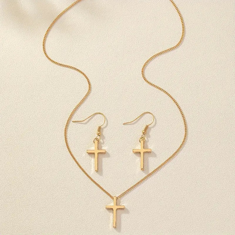 Golden Glossy Cross Design Christian jewelry set Dangle Earrings & Pendant Necklace Set Elegant Simple Style Zinc Alloy Jewelry Faithful Accessories