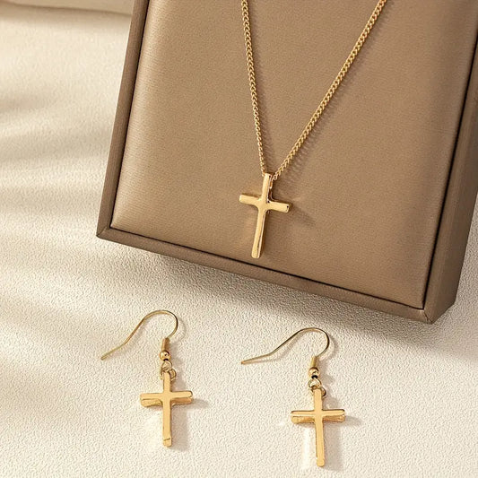 Golden Glossy Cross Design Christian jewelry set Dangle Earrings & Pendant Necklace Set Elegant Simple Style Zinc Alloy Jewelry Faithful Accessories