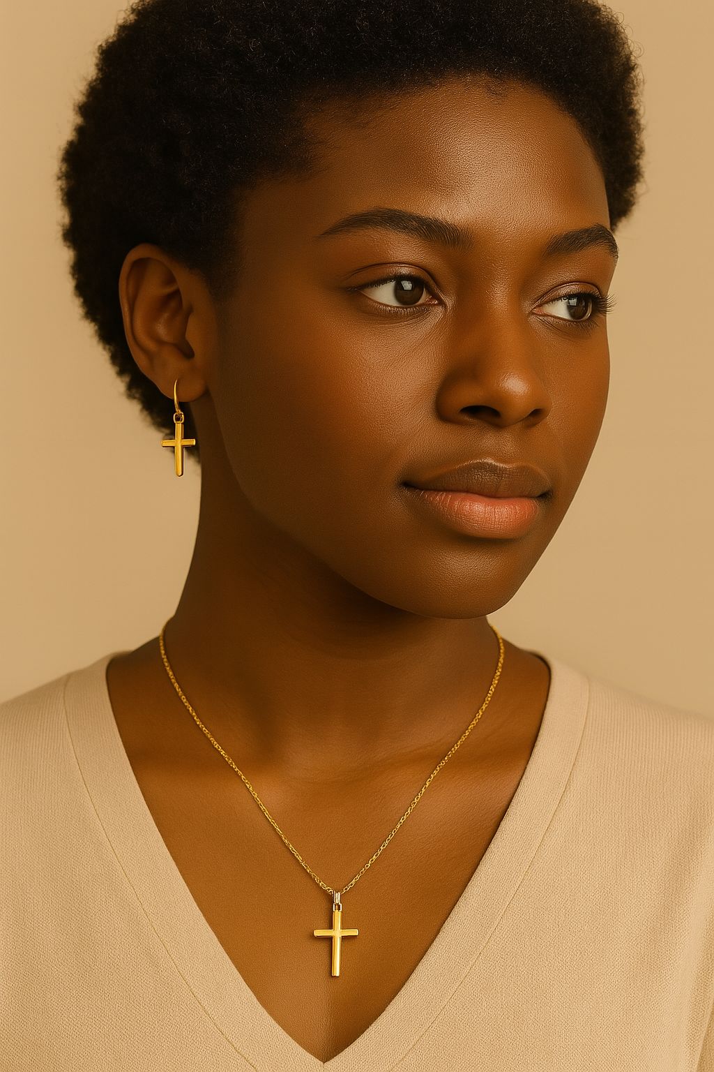 Golden Glossy Cross Design Christian jewelry set Dangle Earrings & Pendant Necklace Set Elegant Simple Style Zinc Alloy Jewelry Faithful Accessories