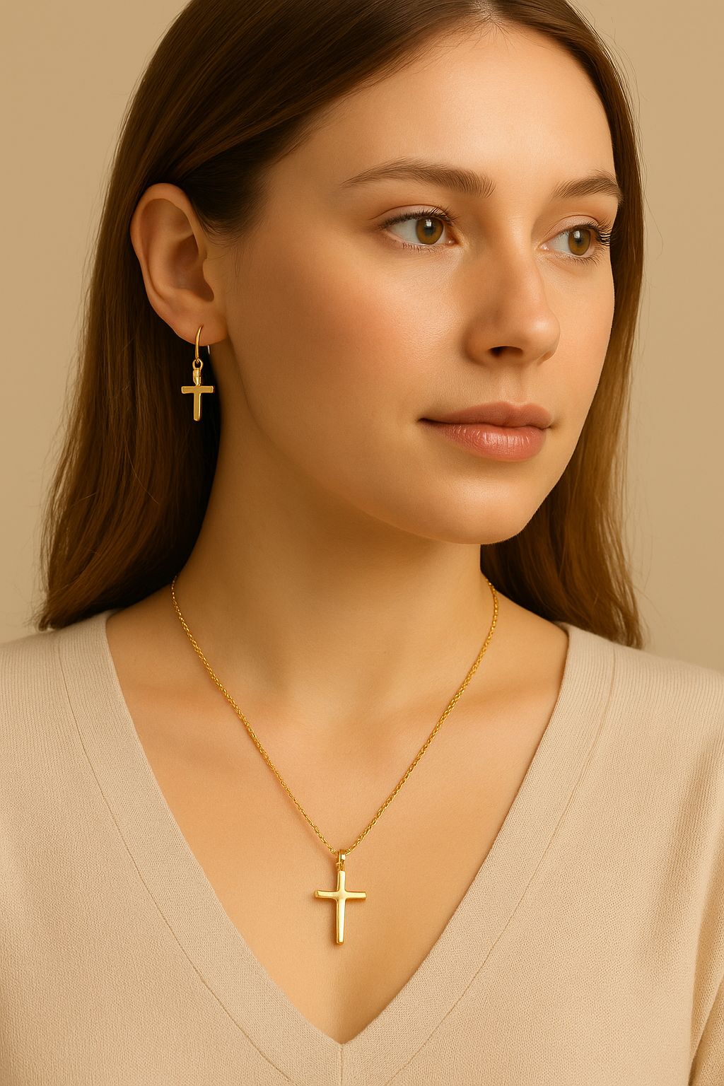 Golden Glossy Cross Design Christian jewelry set Dangle Earrings & Pendant Necklace Set Elegant Simple Style Zinc Alloy Jewelry Faithful Accessories